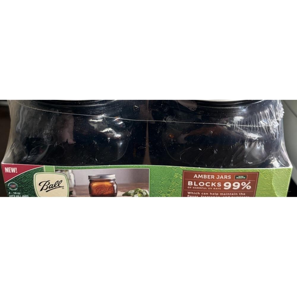 Amber Ball Elite Collection "Short" Wide Mouth Pint (16oz) Jars, 4-pack NIB